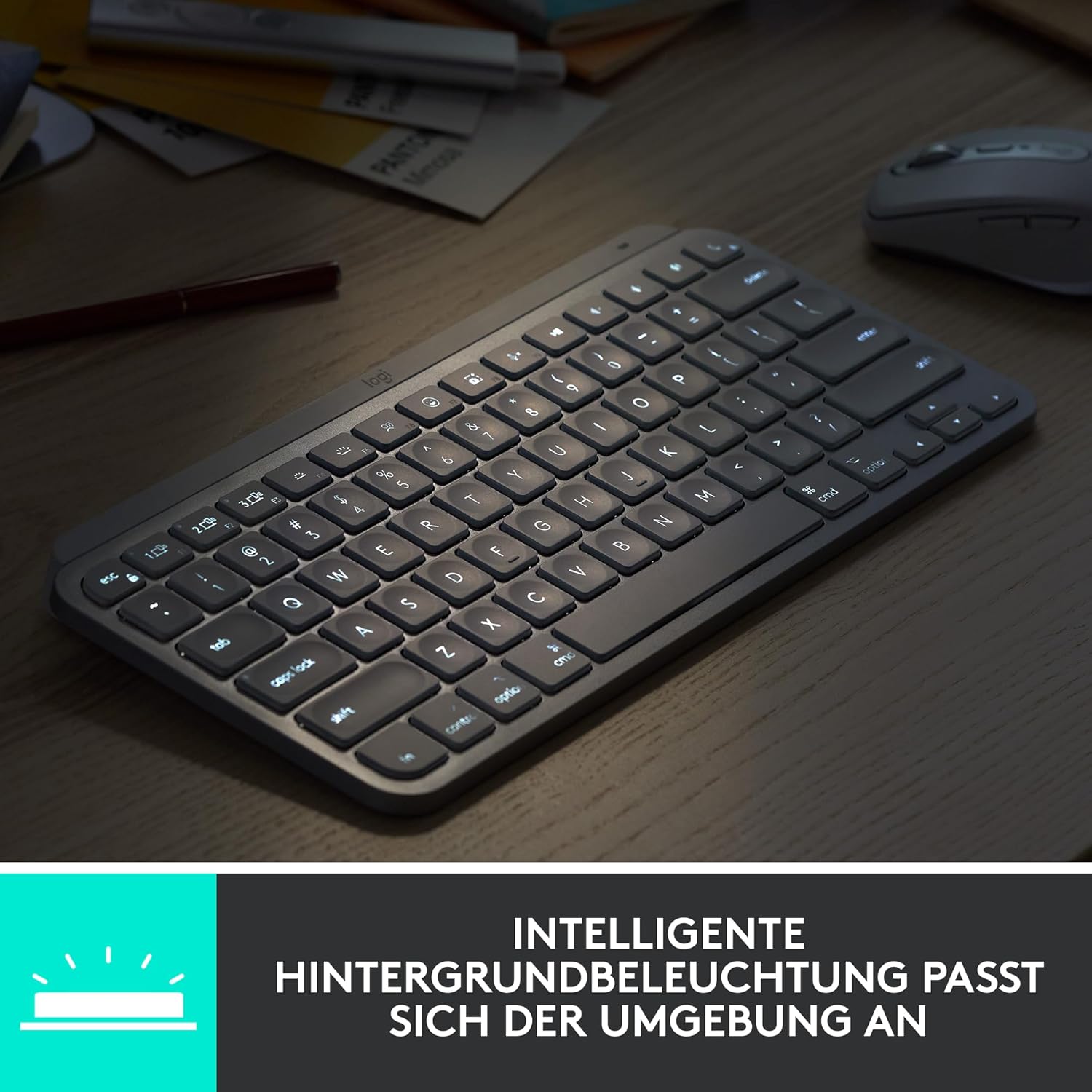 Detalle de Logitech MX Keys Mini kabellose Tastatur (Bluetooth, Hintergrundbeleuchtung, USB-C) – dunkelgrau, kompakt