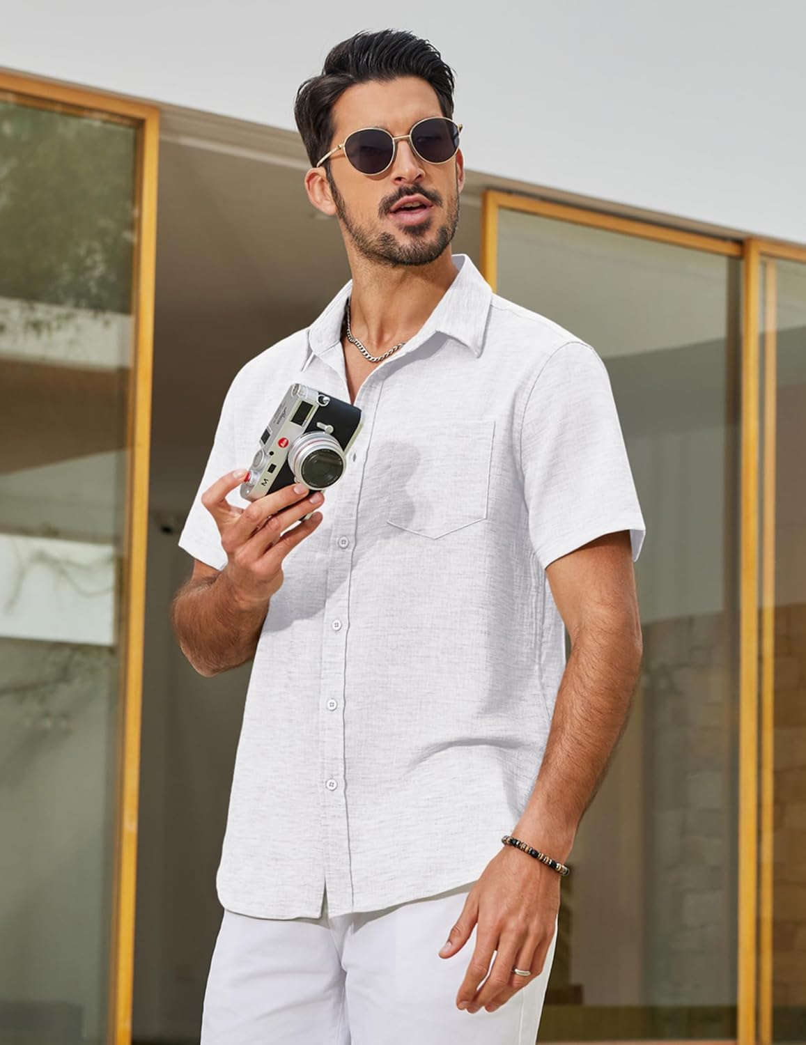 Detalle 2 de COOFANDY Men's Short Sleeve Button Down Linen Shirt