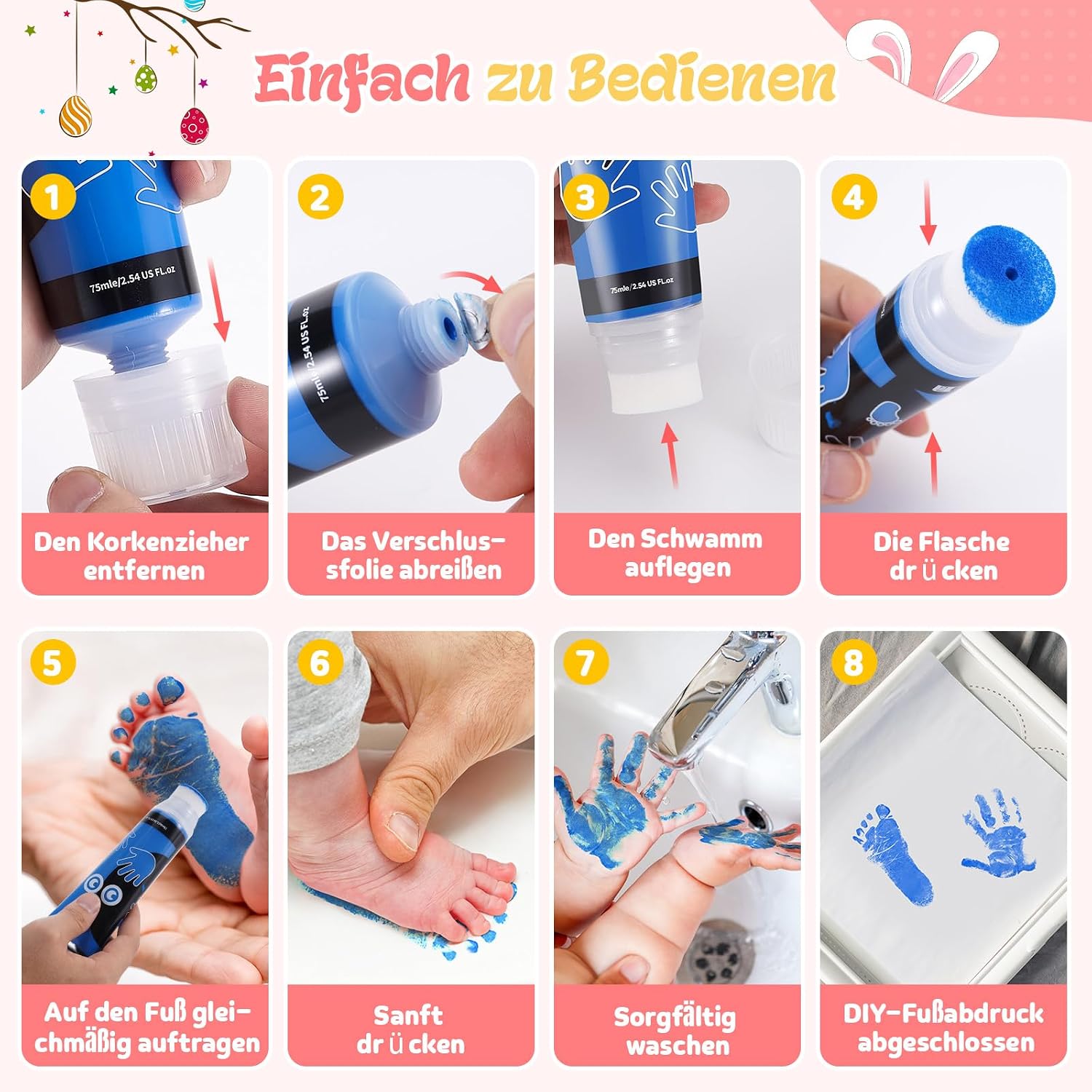 Detalle de Taricor Baby-Fußabdruck-Set (75 ml) für Neugeborene – ungiftige Fingerfarbe zum Stempeln von Händen und Füßen