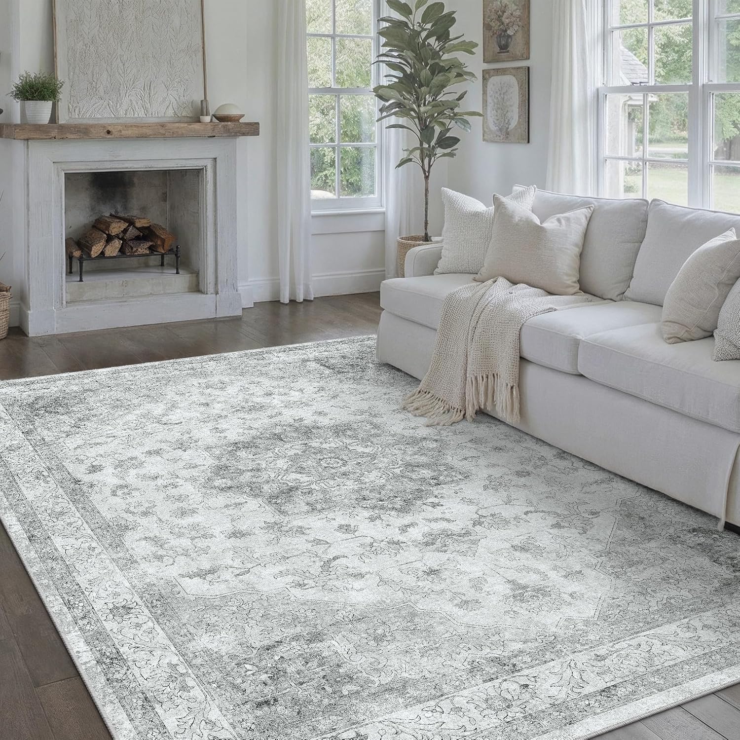 Detalle de PureCozy Vintage grauer Teppich für Wohnzimmer, Schlafzimmer & Büro (140 x 200 cm)
