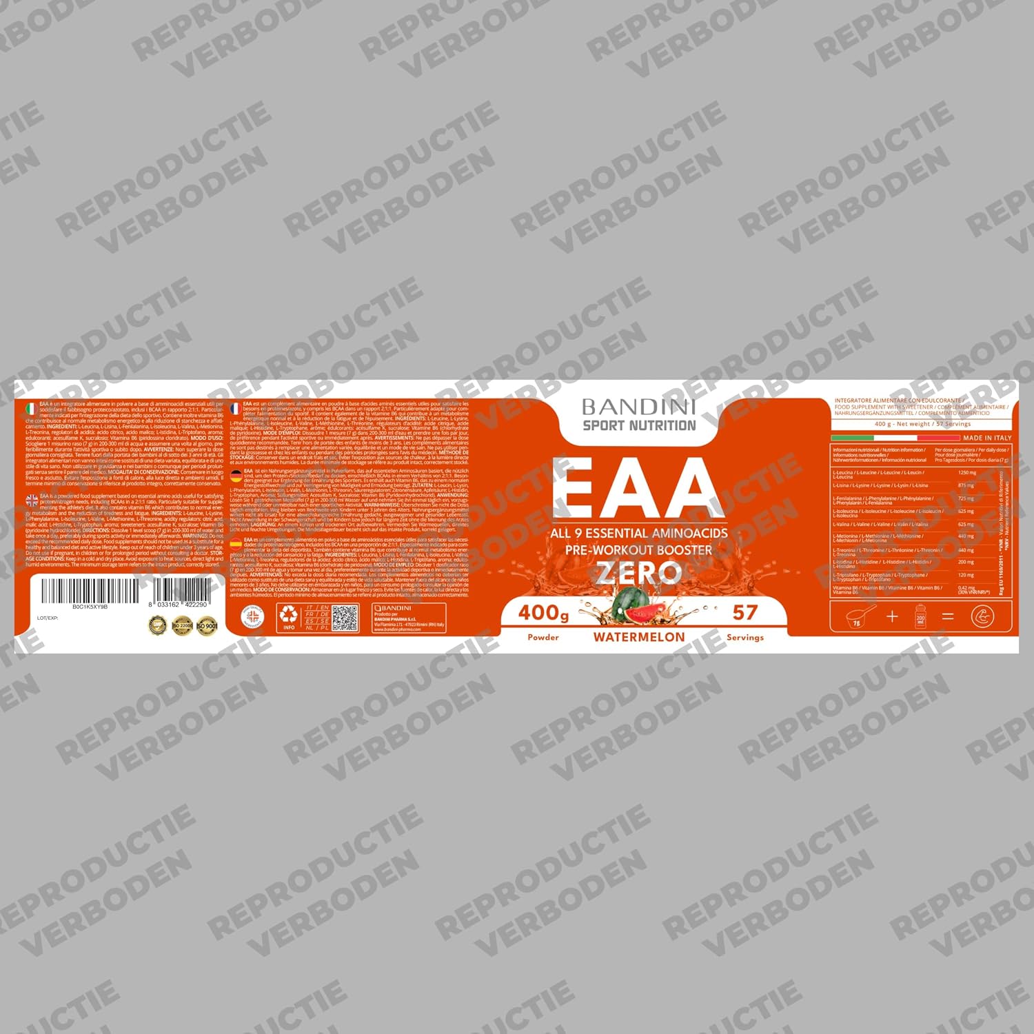 Detalle 1 de BANDINI EAA-poeder 400 g, vegan, watermeloensmaak en BCAA 2:1:1