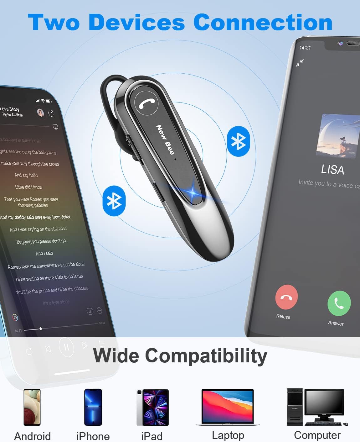 Detalle 1 de New Bee Bluetooth Headset B45 Freisprech – Dual-Mikrofon, V5.0, 20 h Sprechzeit