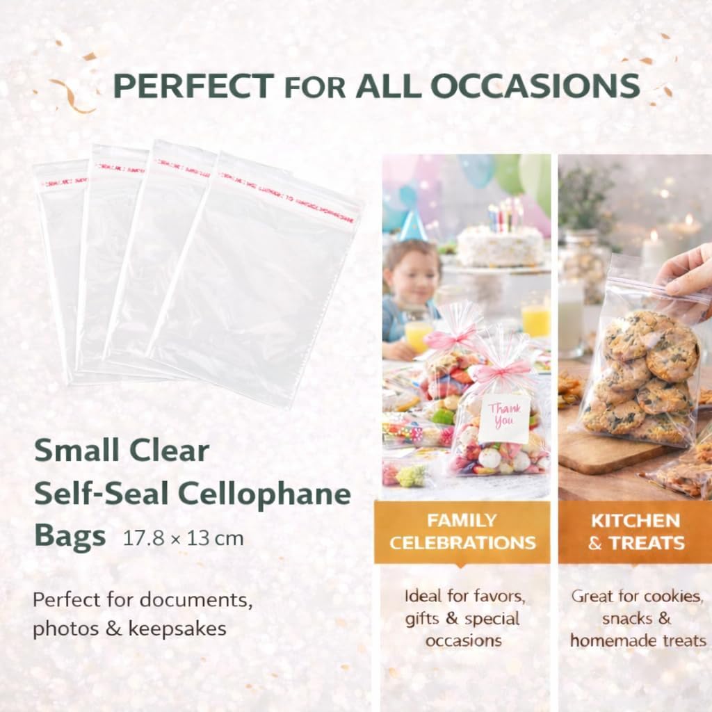 Thumbnail 6 de HURUC Clear Cellophane Wrap Bags 17.8x13cm – 100 Pack Self‑Seal for Sweets, Cookies, Jewellery, Gifts, Party Favours & Crafts
