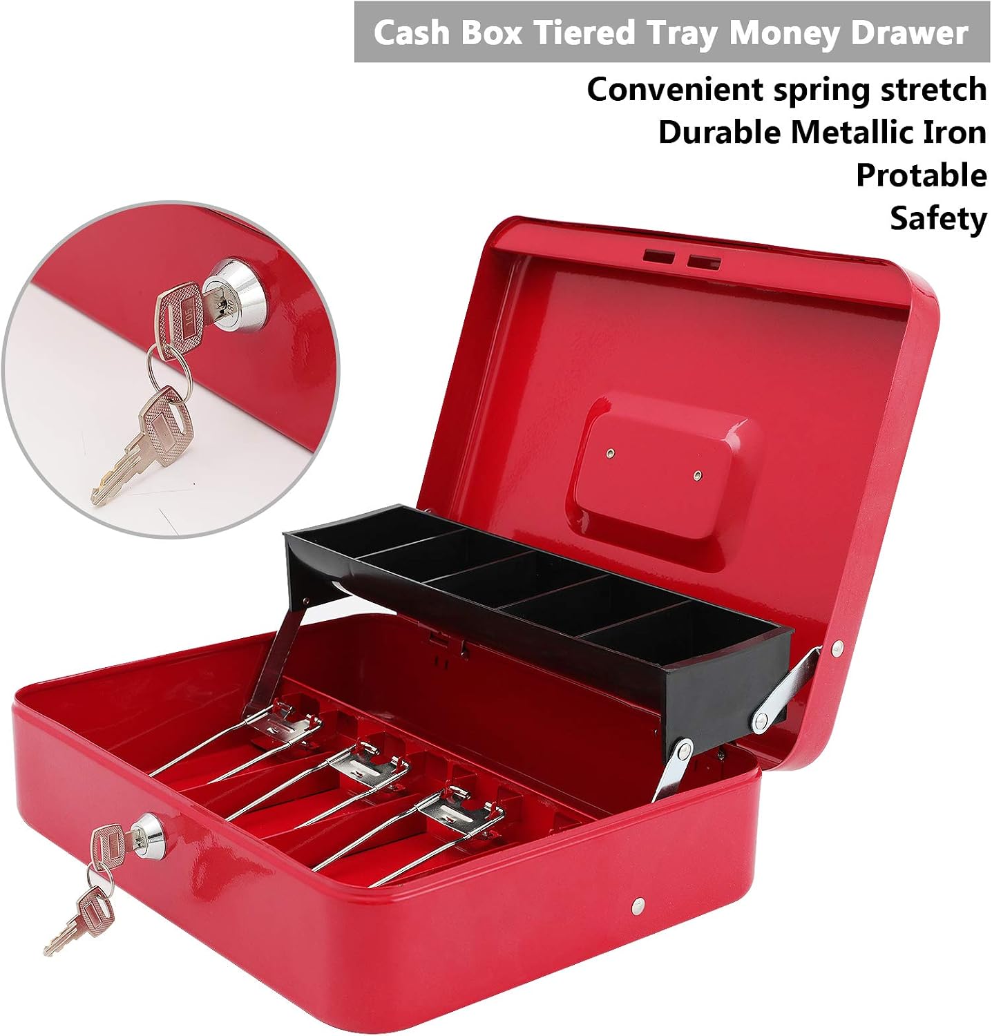 Thumbnail 4 de xydled XYD-QX-CB-8002 Cash Box with Key Lock, Tiered Tray, Red