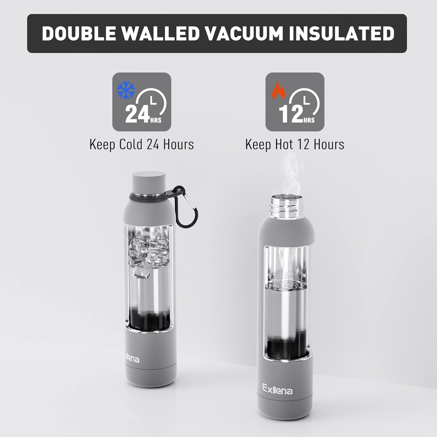 Thumbnail 2 de Exllena 750ml insulated water bottle with clip, double-wall vacuum stainless steel (BPA-free) – grey