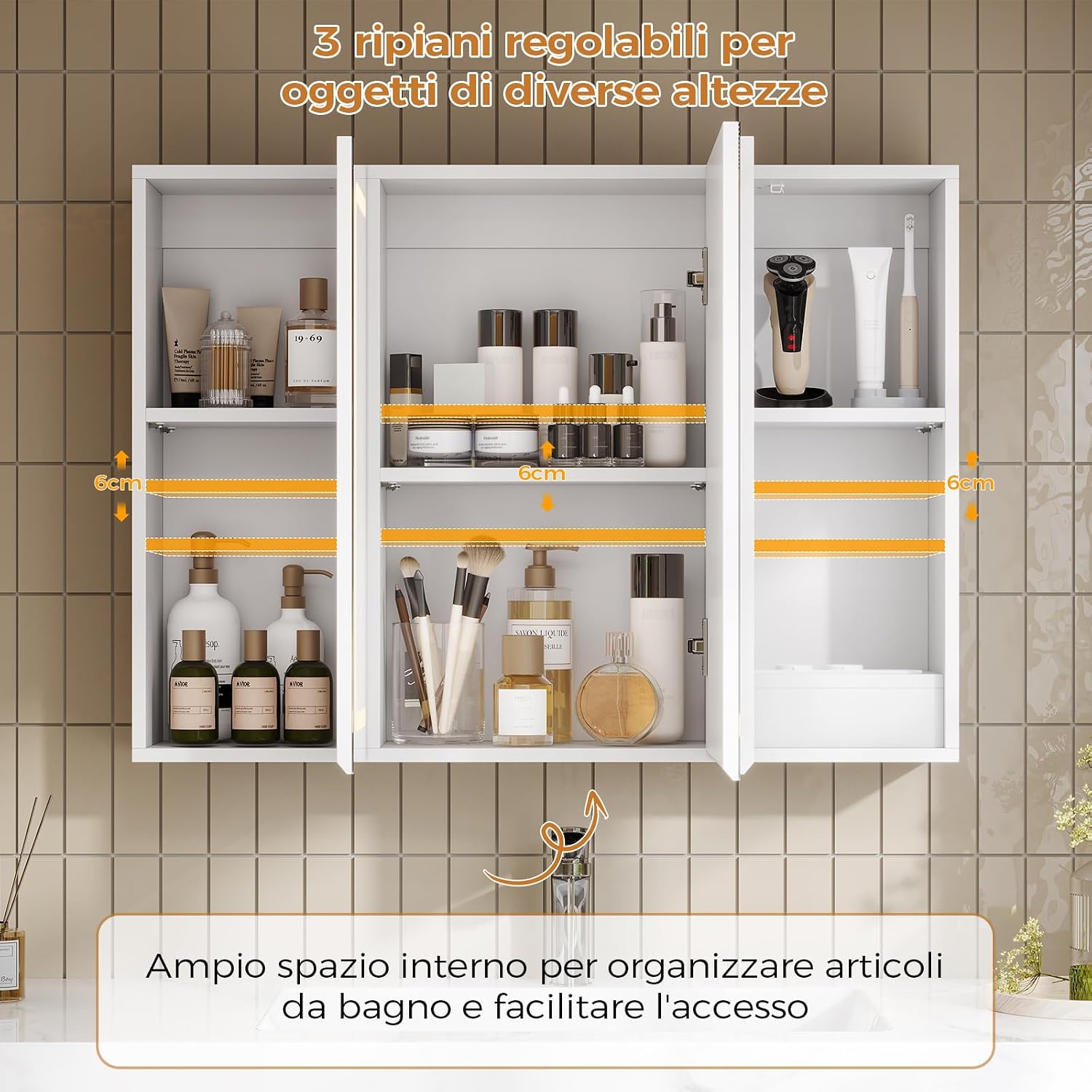 Detalle de mojiasion Specchio Bagno LED con Presa Elettrica + USB e specchi 360° (80x16x60 cm) sospeso, 3 ripiani regolabili, bianco