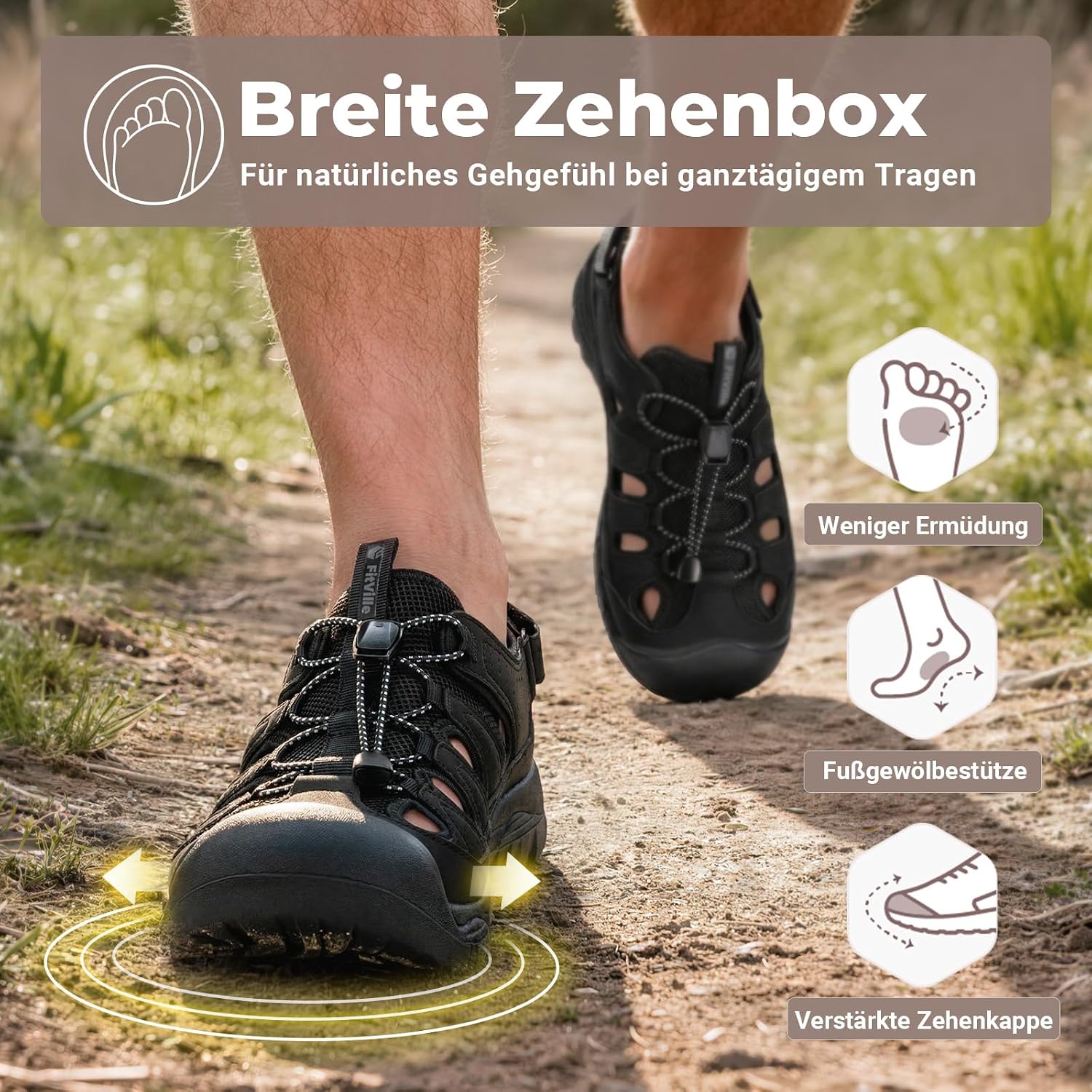 Detalle de FitVille Weite Sandalen Herren – Sommerschuhe für breitere Füße mit Klettverschluss