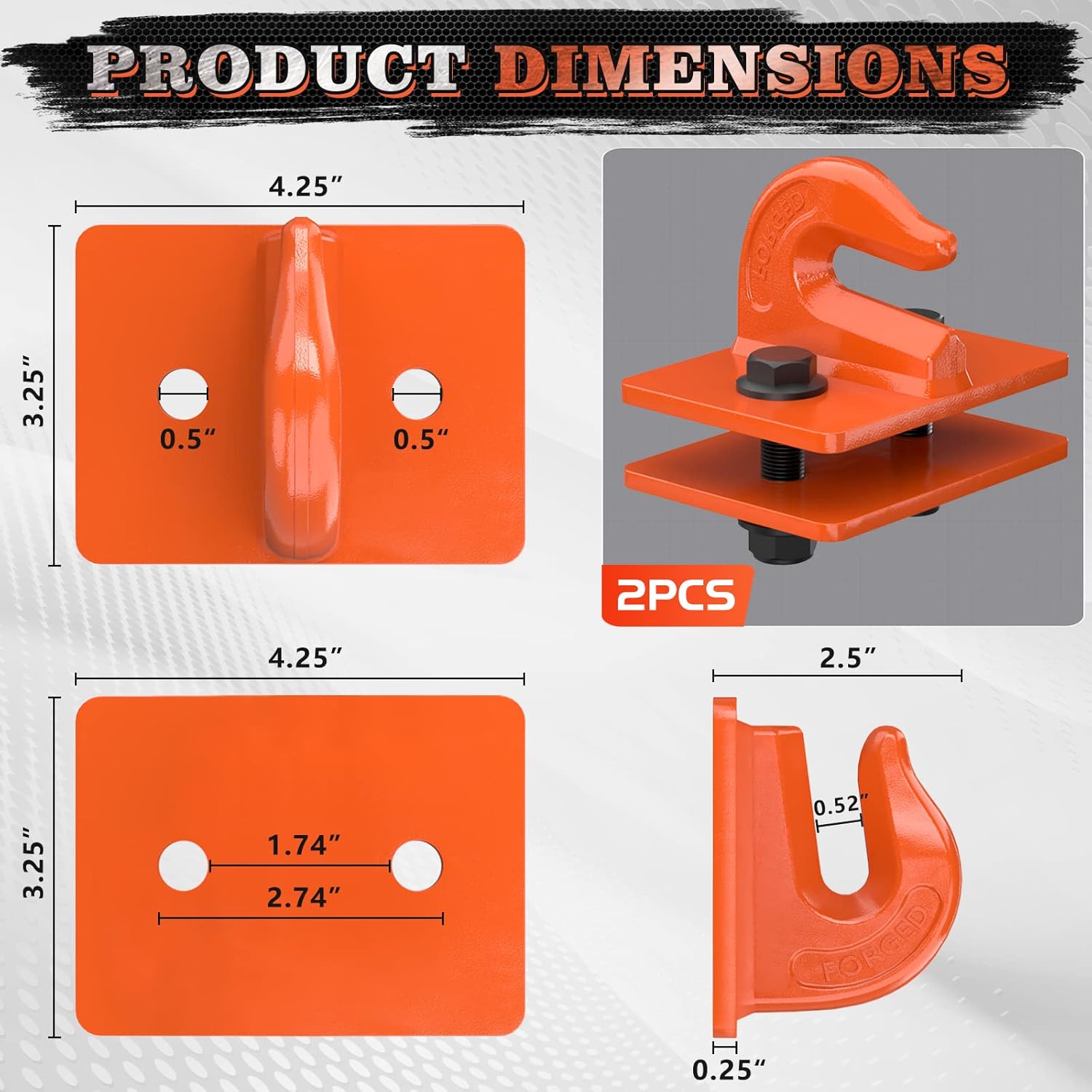 Detalle 2 de AMBULL Tractor Bucket Grab Hook (Grade 70 Forged Steel) Bolt-On Tow Hook Mount with Backer Plate — 2-Pack, Orange
