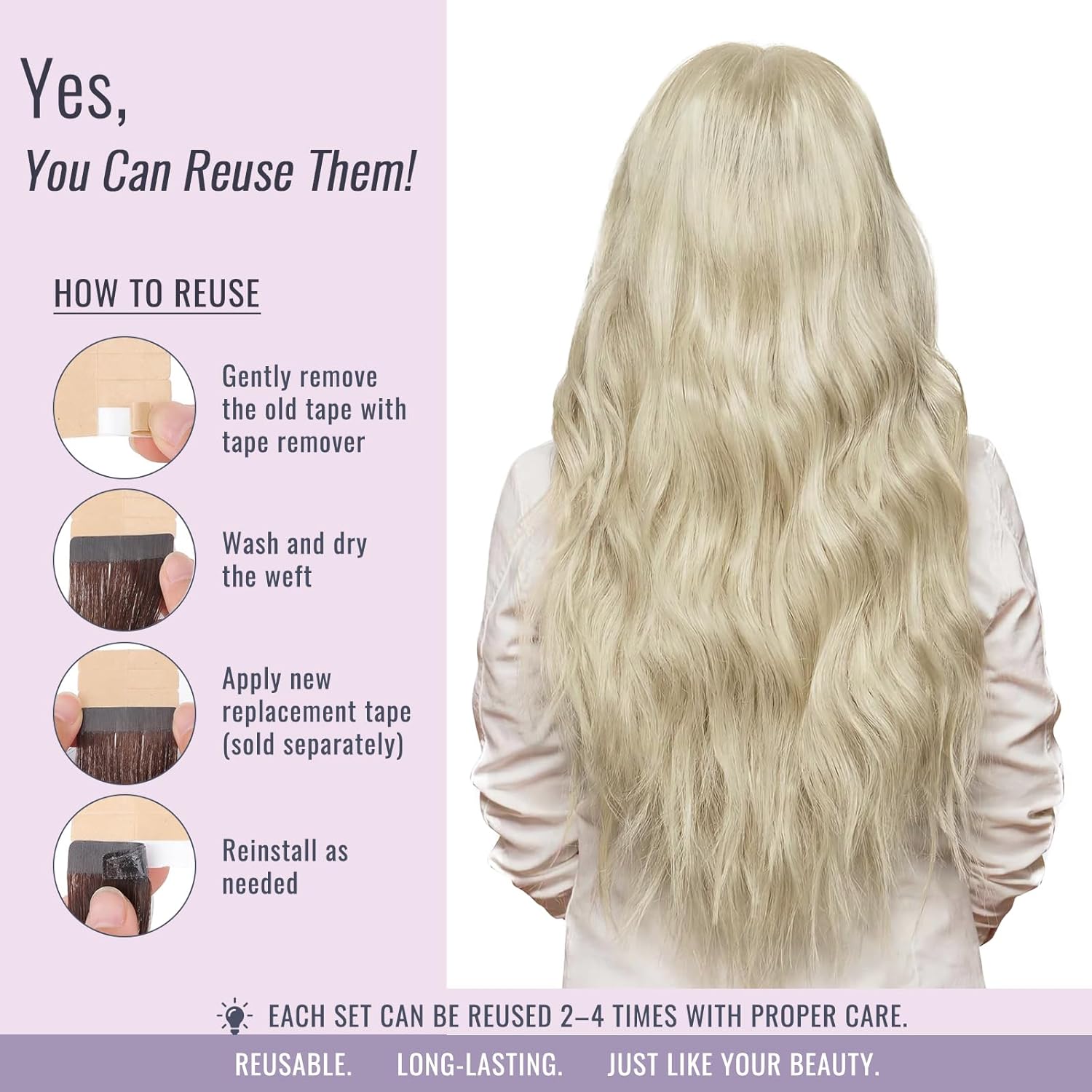 Thumbnail 6 de fshine Unsichtbare Tape-in Extensions aus Echthaar (Weissblond, 35 cm) – 20 Strähnen, 50 g, Farbe 1000