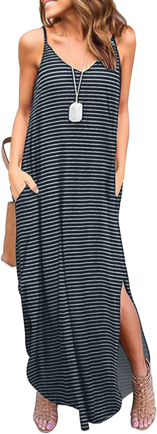 Thumbnail 6 de HUSKARY Women’s Summer Casual Sleeveless V-Neck Strappy Split Loose Dress (Beach Cover-Up Maxi) with Pocket