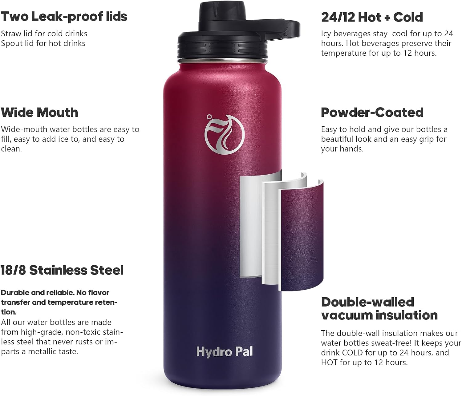 Thumbnail 1 de HydroPal HydroPal Vacuum Insulated Stainless Steel Water Bottle (1.9L/1.2L/1L/750ml/500ml) with 2 Lids