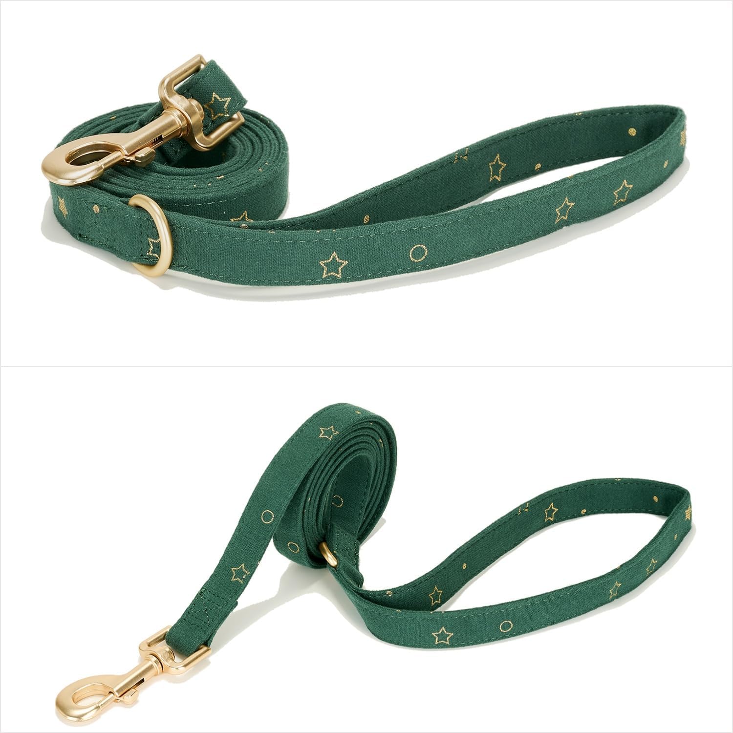 Detalle de Petiry Cotton Dog Lead with Gold Star Print (150cm) – D-Ring for Poop Bag Holder
