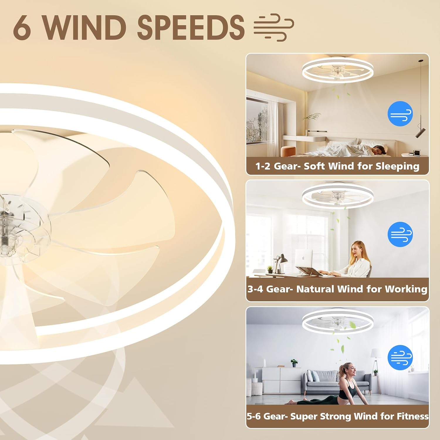 Detalle 2 de NIORSUN 60cm Ceiling Fan with Lights and Remote – Smart LED, 6 Speeds, 3000K–6500K Dimmable