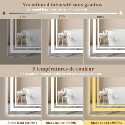 Detalle de Archaluxe Miroir de salle de bain LED 140 x 70 cm avec Bluetooth, anti-buée et 3 couleurs + dimmable