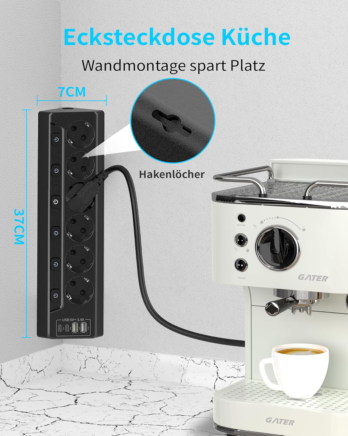 Detalle de Eck Steckdosenleiste mit USB C 2 m Kabel