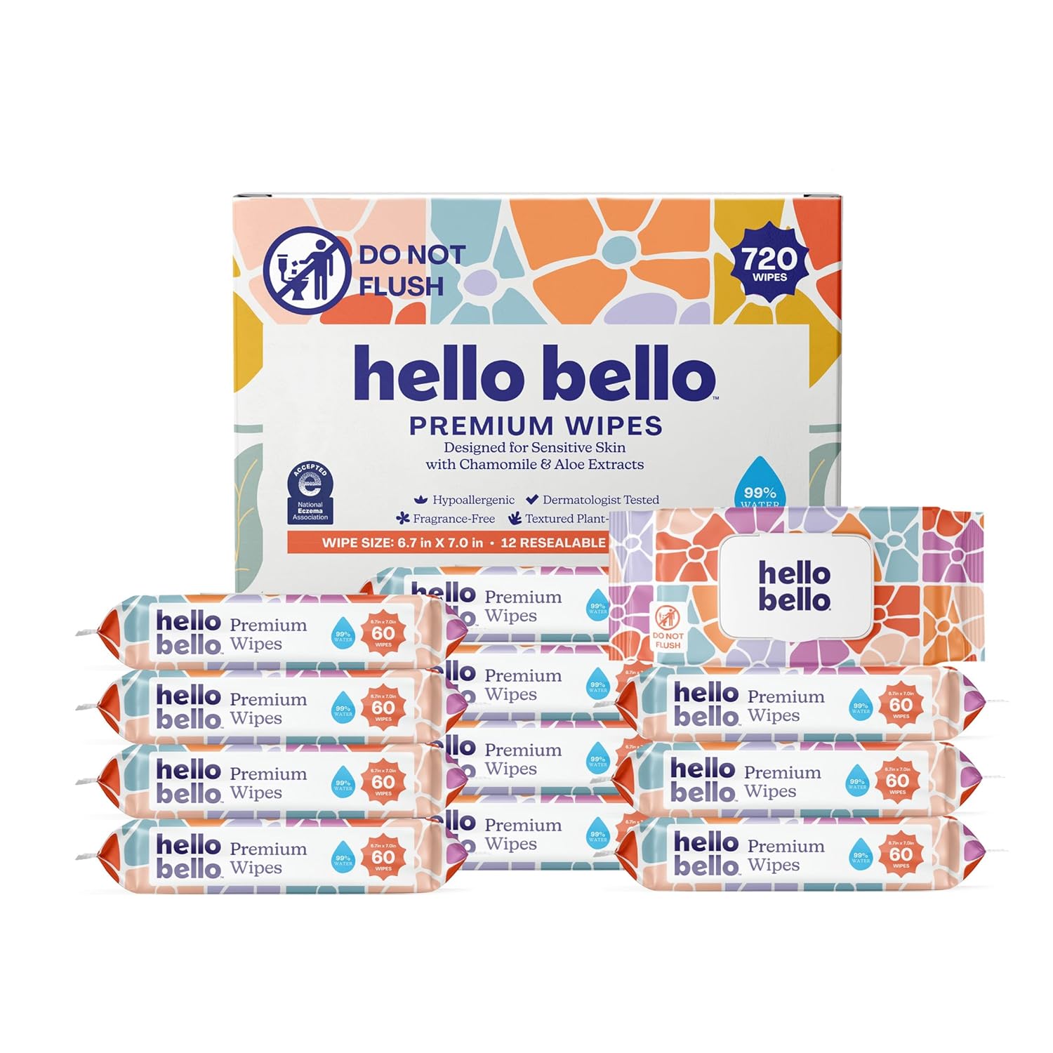 Hello Bello Premium Sensitive Skin Wipes (Flower Pop) — Resellable Packs, 720 Total Wipes