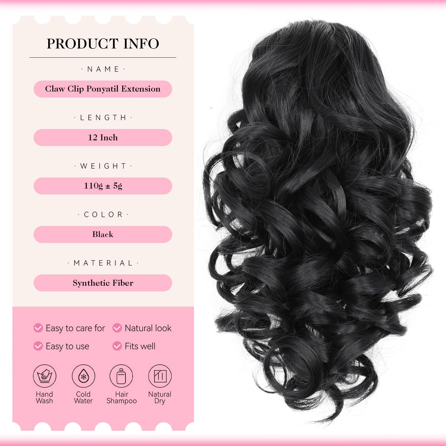 Detalle 2 de ZQIAN BEAUTY 12-Inch Black Wavy Ponytail Extension with Claw Clip