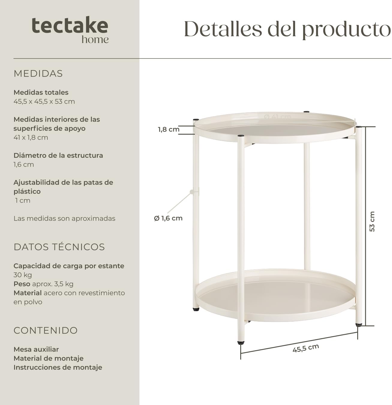 Detalle de tectake Mesa Auxiliar Redonda 45,5 cm