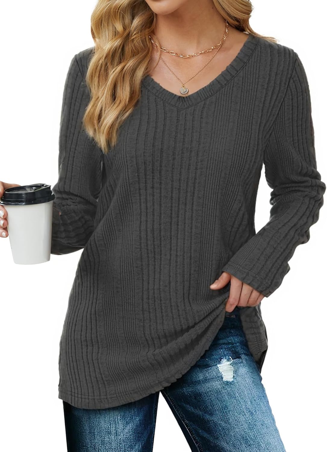 Thumbnail 1 de GLEENOD Damen-Pullover mit V-Ausschnitt – leichter Langarm-Sweatshirt aus Polyester-Spandex