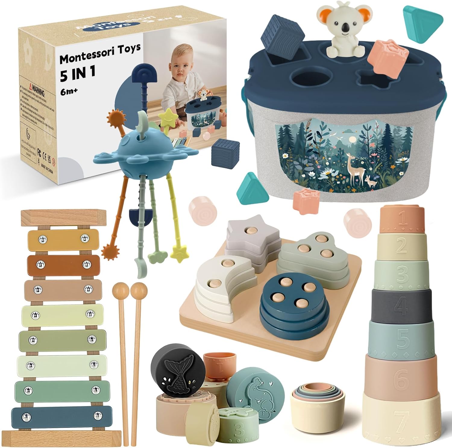 Jouet bébé Montessori 5 en 1 (6 mois et +) : tri de formes, empilement, xylophone et jeux sensoriels