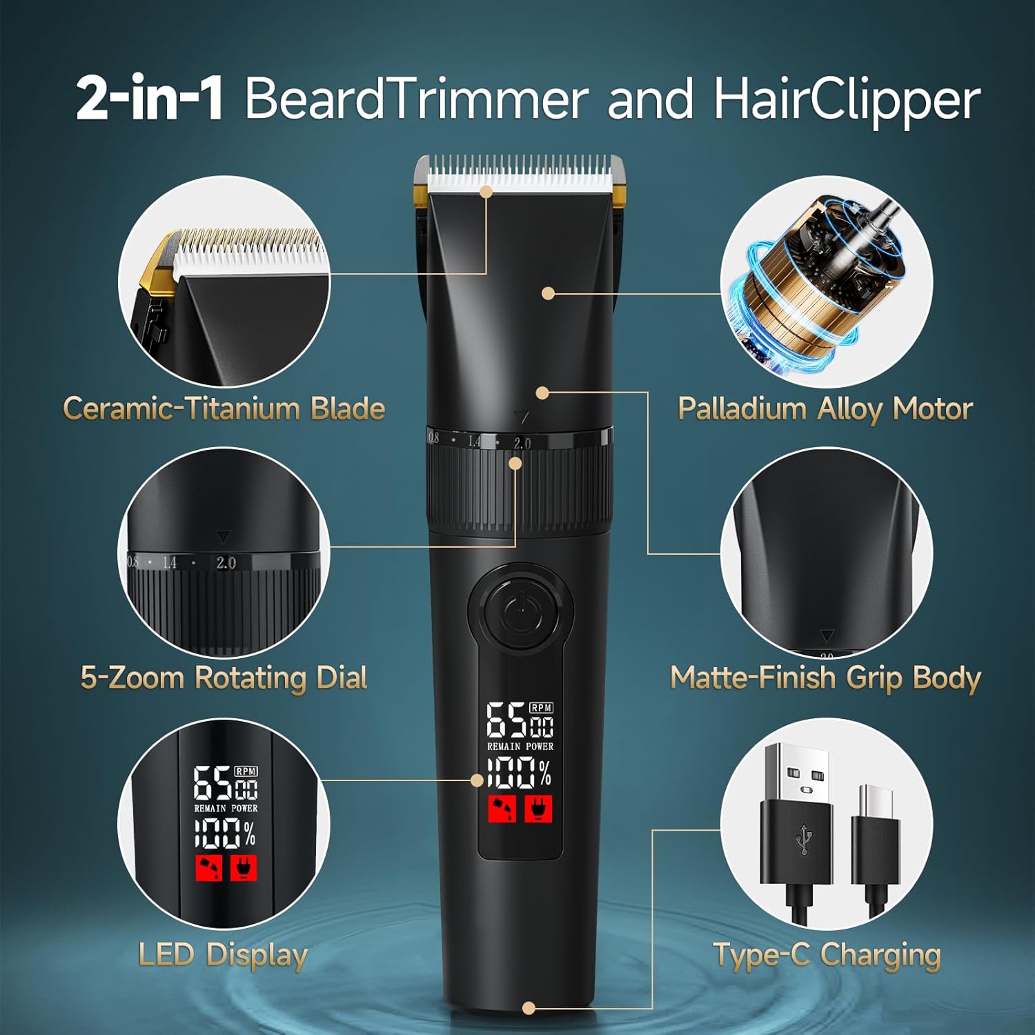 Detalle de 2-in-1 Beard Trimmer and Hair Clipper for Men with Detachable Ceramic-Titanium Blades