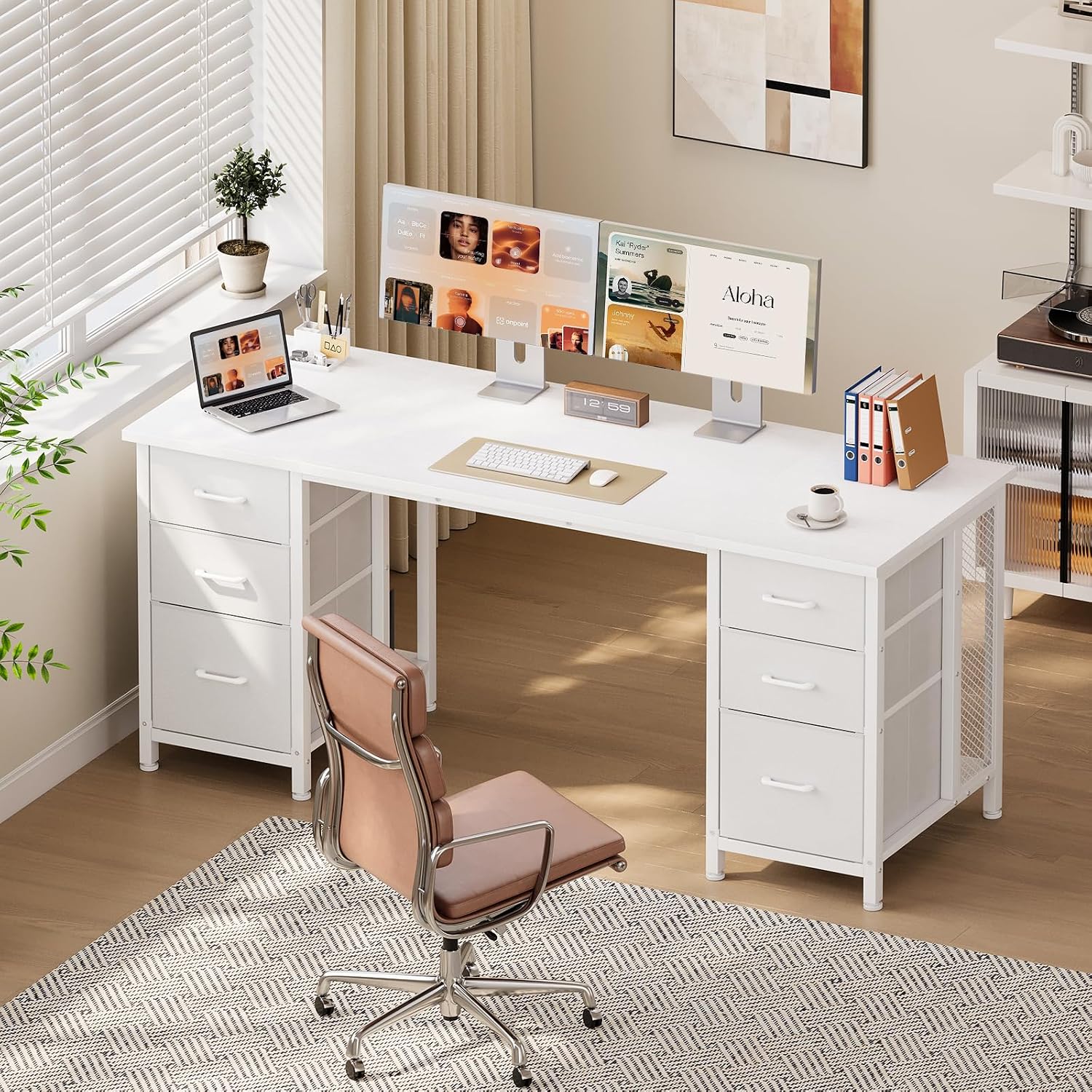 Detalle de Coleshome ODF-r24 skrivbord med 6 lådor, hylla och USB-uttag, 160 × 52 cm