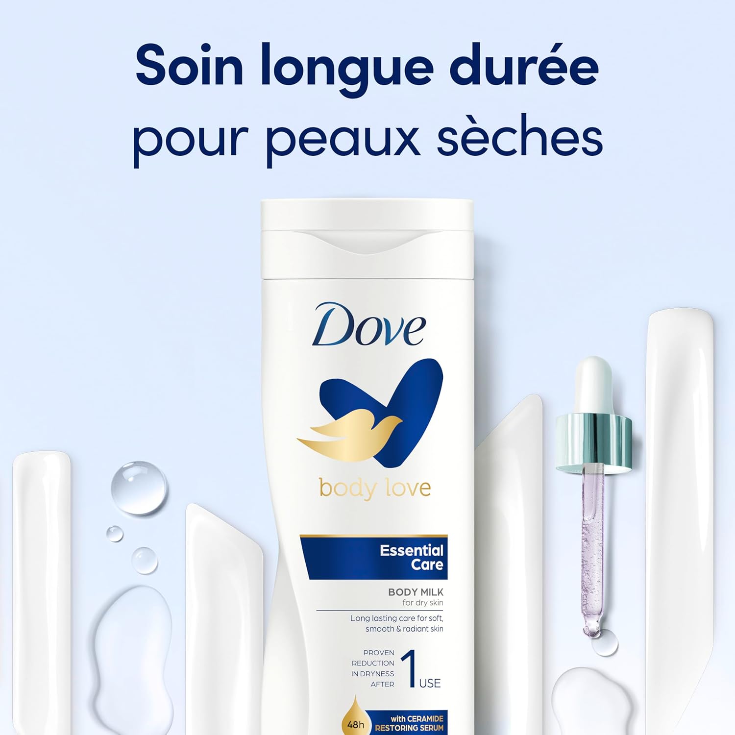 Thumbnail 4 de Dove Body Love Essential Care – lait corporel hydratant peaux sèches, 48 h, glycérine + sérum restaurateur de céramides (3 x 400 ml)