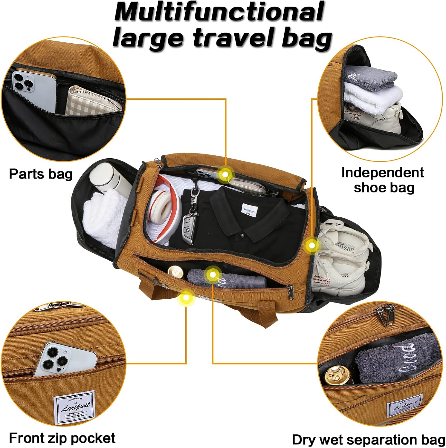 Thumbnail 3 de Laripwit 40L Travel Duffle Bag, Khaki, with Wet Pocket and Shoe Compartment