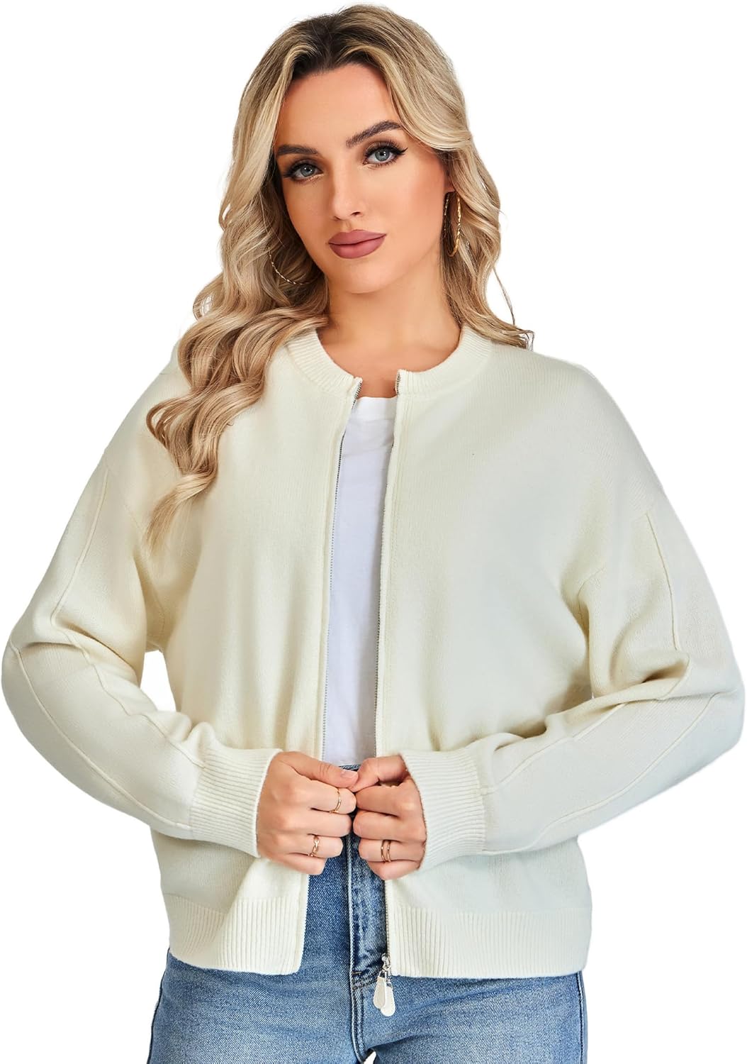 Thumbnail 1 de VETLURY Damen-Strickjacke aus 100% Merinowolle mit Doppelreißverschluss – Rundhals-Cardigan für die Übergangszeit