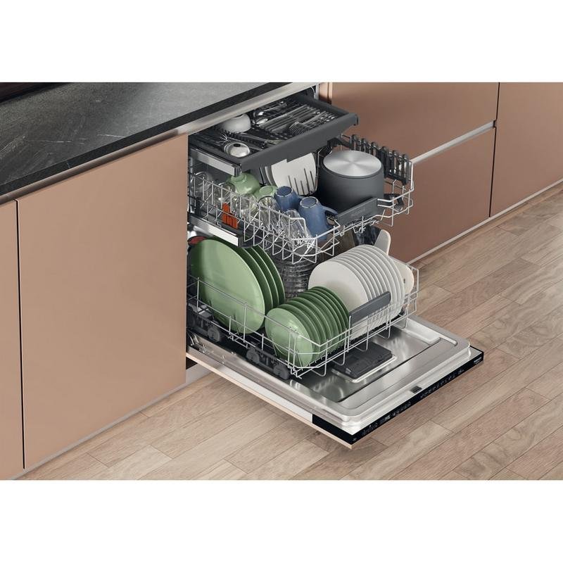 Detalle de Hotpoint HA6IB16B2M6L0: lavavajillas integrado de 60 cm para 16 cubiertos, bajo consumo y 38 dB