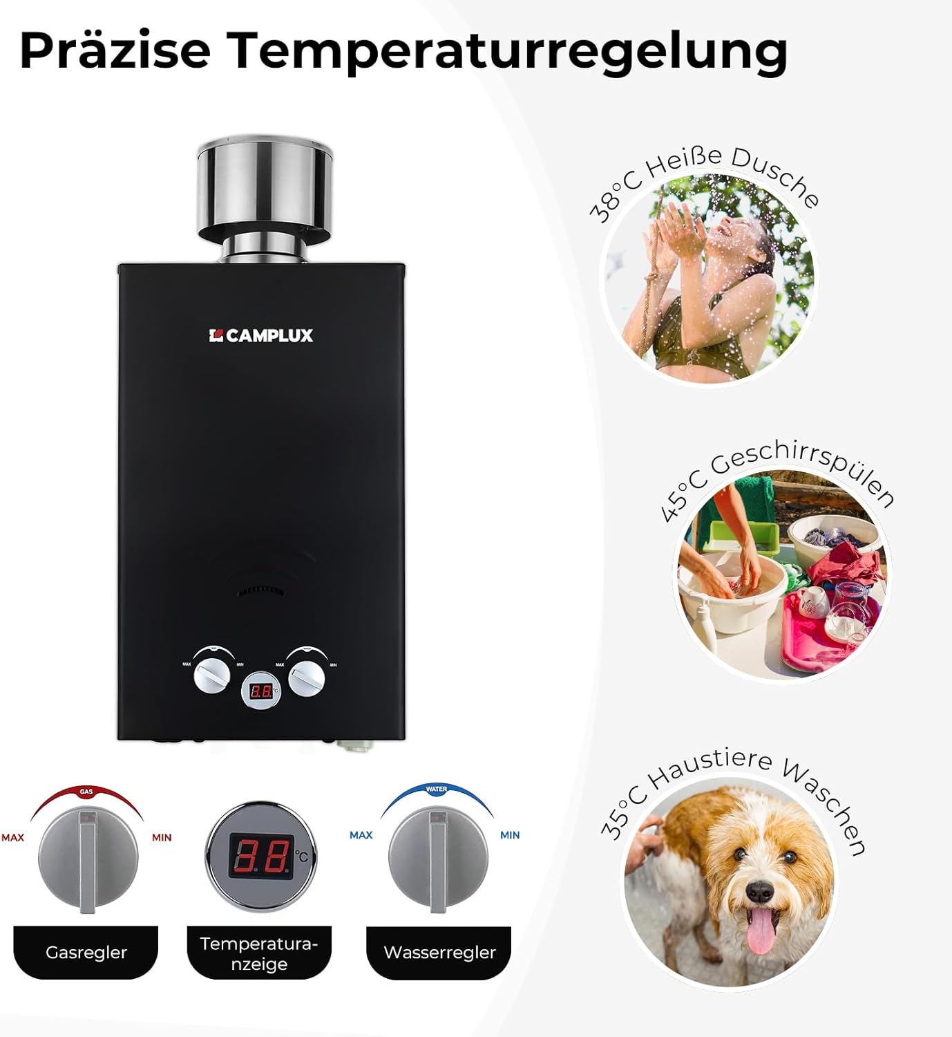 Detalle de Camplux BW264BC-DE Gas-Durchlauferhitzer 10L/min – Propan/Butan, 50 mbar, Edelstahl-Abdeckdeckel