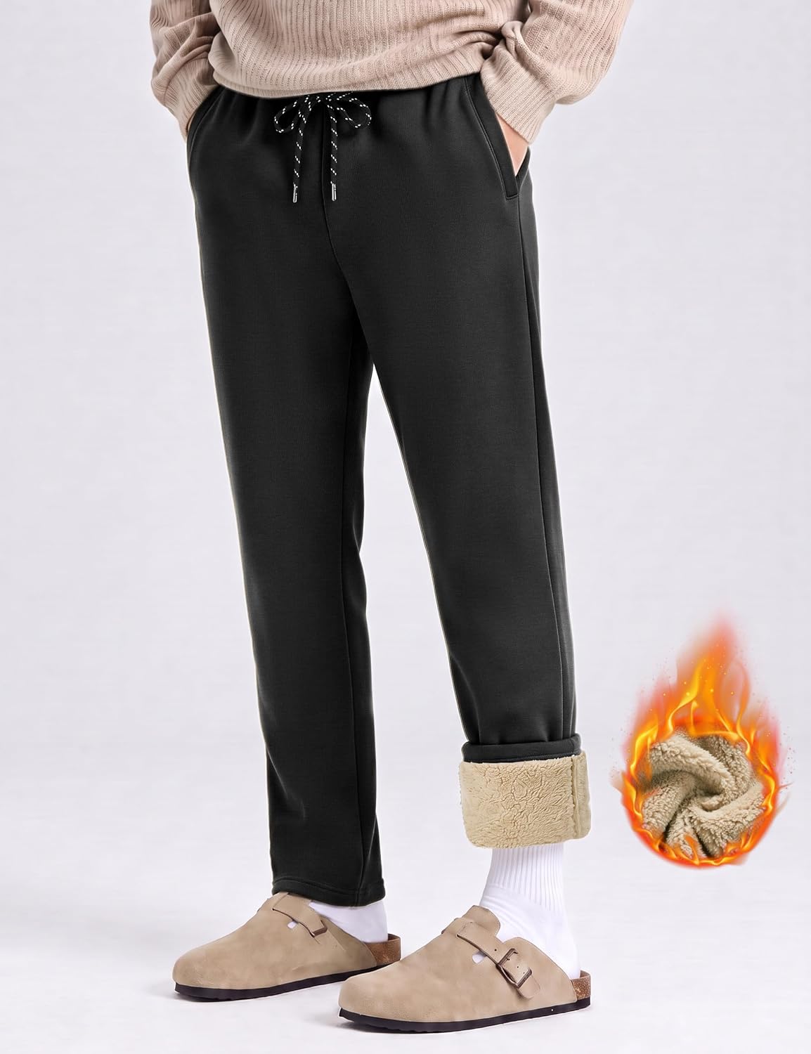 Detalle de TACVASEN Men's Sherpa-Lined Sweatpants with Drawstring, Open Bottom