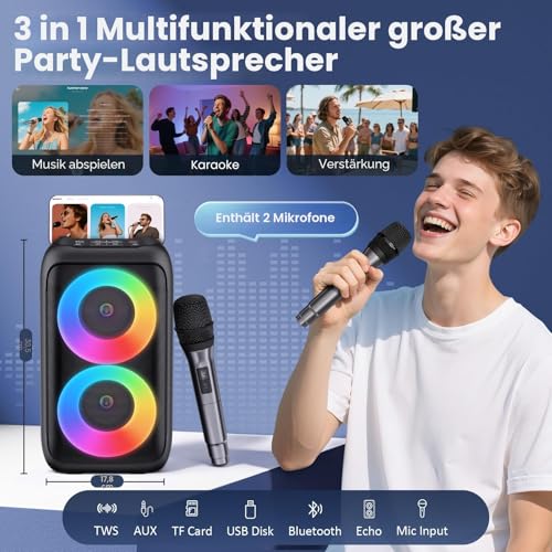 Detalle de HEEBUKE Karaoke Maschine mit 2 kabellosen Mikrofonen – Tragbarer Bluetooth Lautsprecher 2x10W