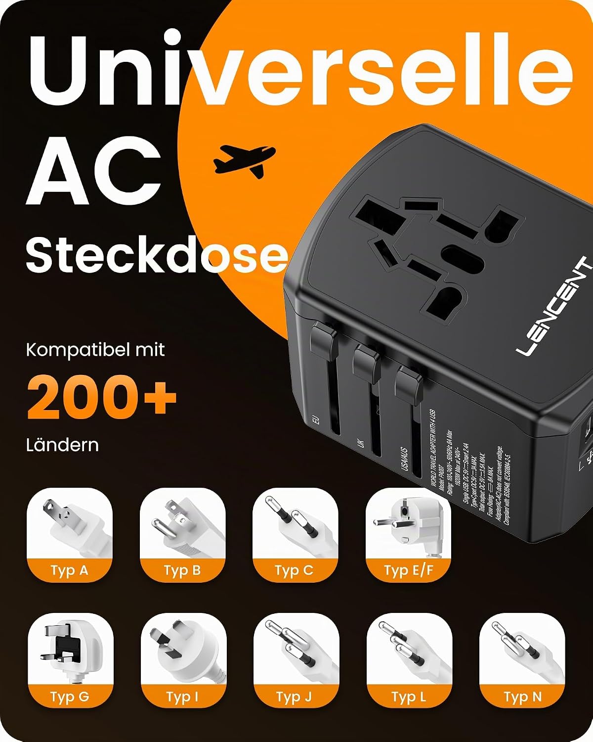 Thumbnail 6 de LENCENT Reiseadapter weltweit mit 2 USB‑A und 2 USB‑C 🔌