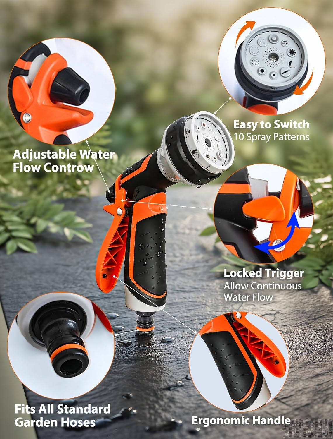 Detalle de Hose Pipe Spray Gun for Garden: 10 Pattern Nozzle with Thumb Control, Anti-Slip & High Pressure