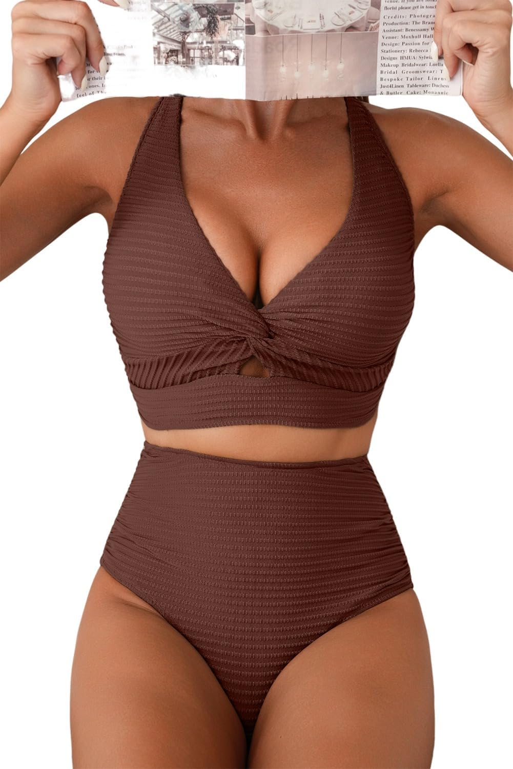 Thumbnail 6 de Herseas Women's Textured Bikini Sets with Twist Front Top and High Waisted Bottoms