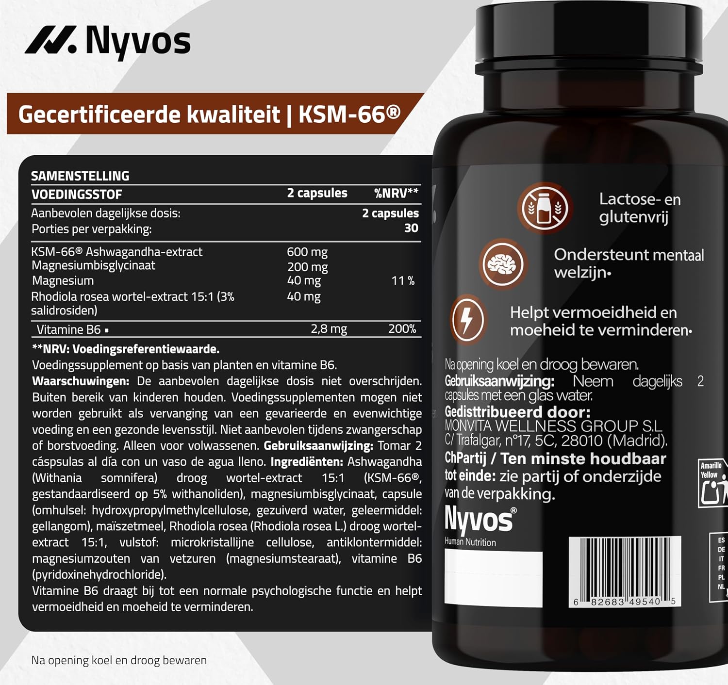 Detalle 2 de Nyvos Ashwagandha KSM-66 Blend met Rhodiola, magnesium en vitamine B6, 60 vegan capsules