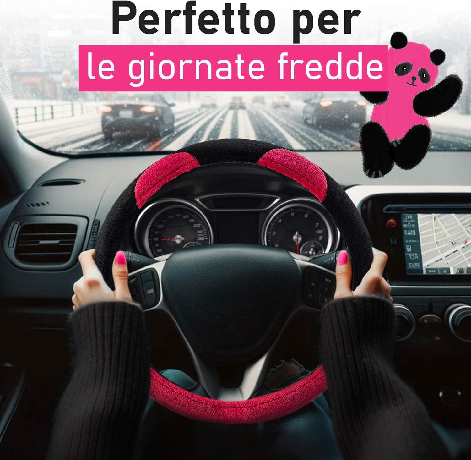 Detalle de Upgrade4cars Coprivolante Rosa Nero in peloso universale (diametro 37-39 cm)