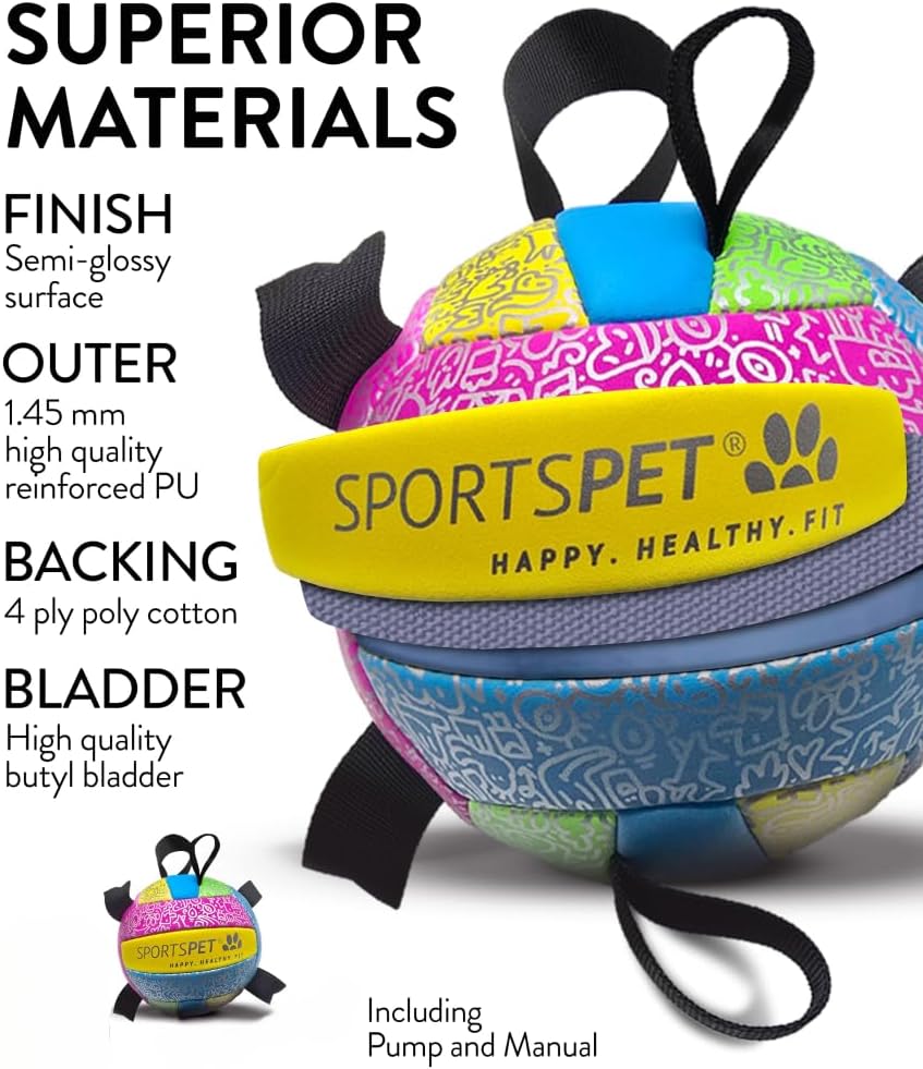 Detalle de SPORTSPET Dog Football with Grab Tabs (Small, Multicolour) – Durable PU interactive water toy
