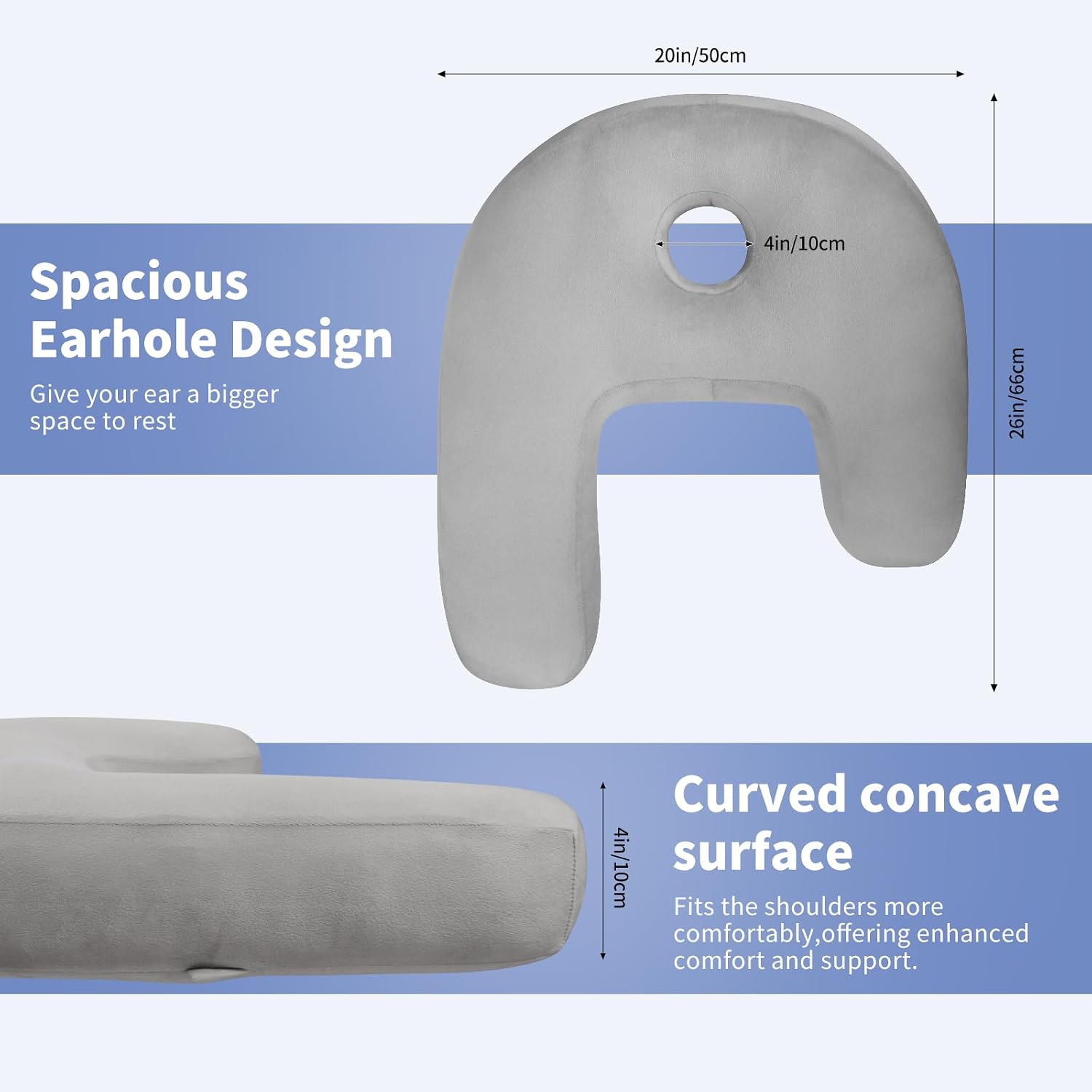 Detalle de Nockovi J-Shaped Ear Piercing Pillow with 4" Hole – Ergonomic, Grey Velvet, 20x26 in