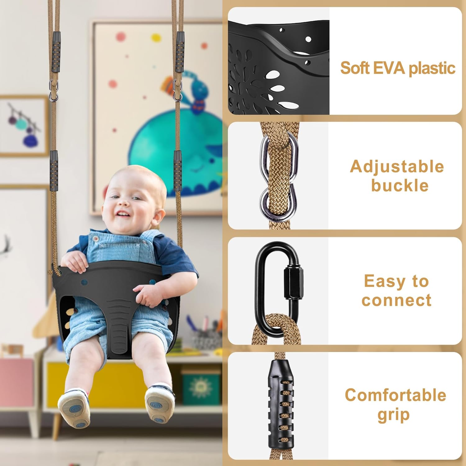 Detalle 2 de Dolibest Swing Seat Kids Soft Plastic Bucket Swing (Black Elephant) with High Back & Adjustable 130–200cm Rope