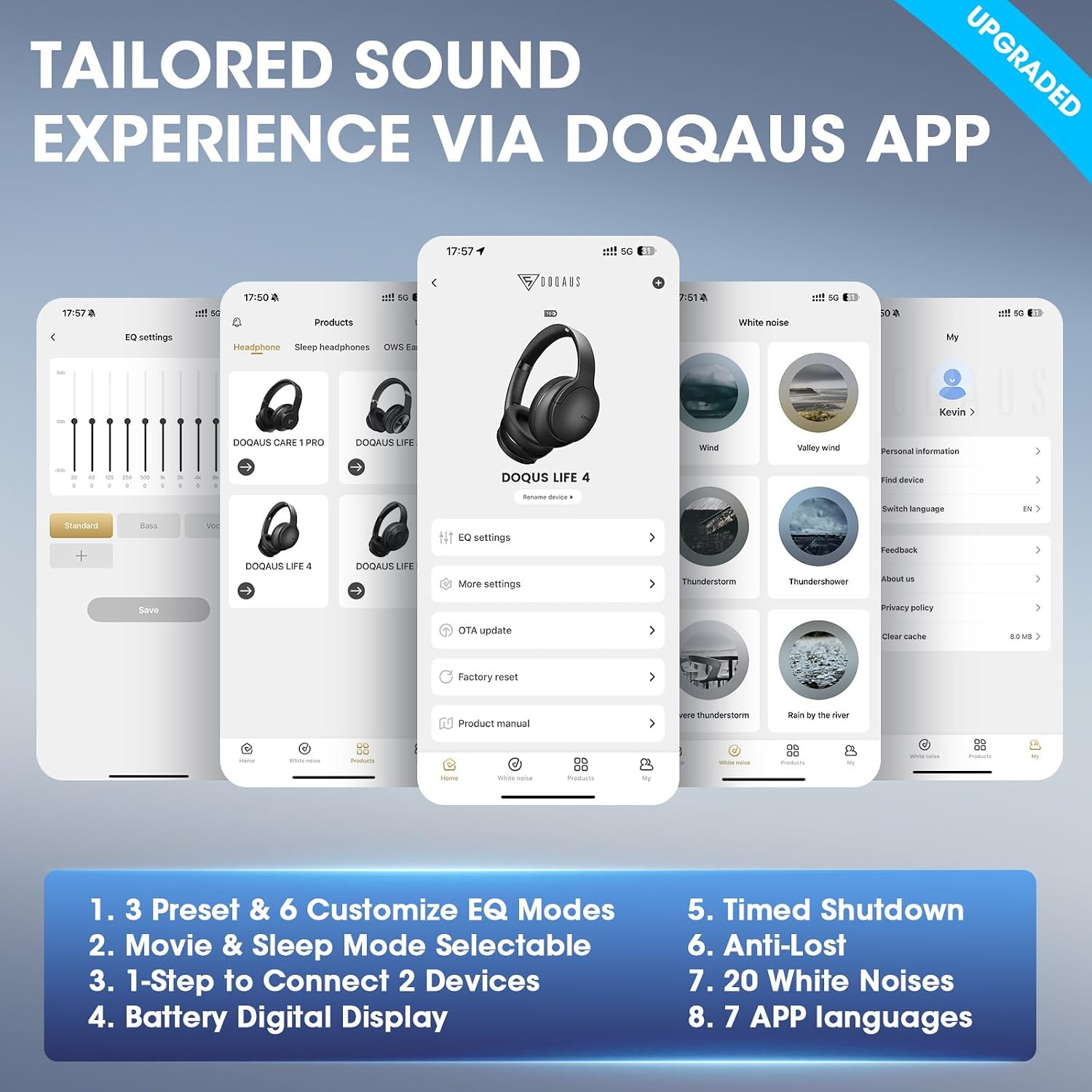 Detalle 1 de DOQAUS Bluetooth Over-Ear Headphones (Up to 52H Playtime, BT 5.4, 9 EQ Modes via App) — Movie & Sleep Mode
