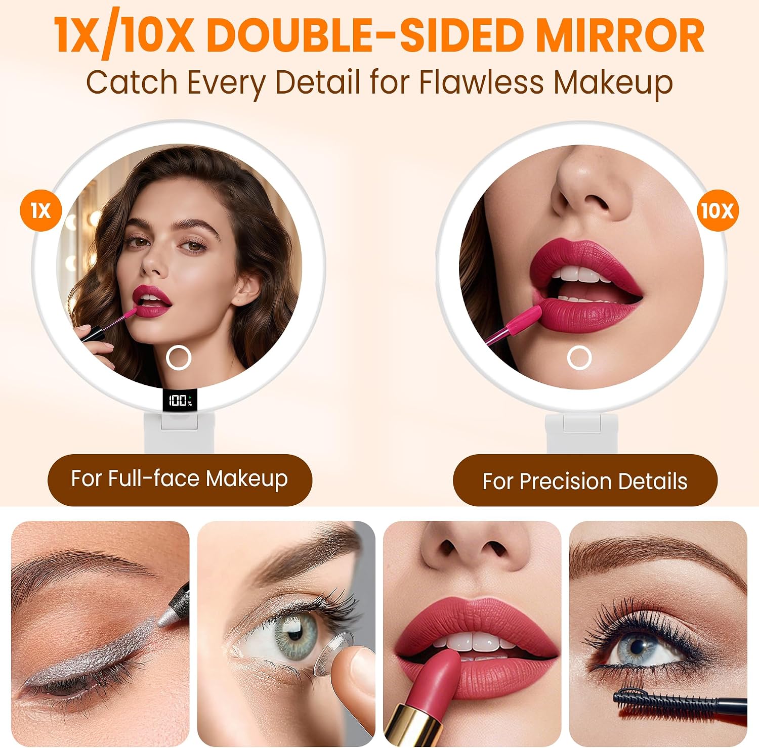 Detalle 2 de dulvus Folding Makeup Mirror, 10X/1X, 3-Colour Lighting and LCD Display