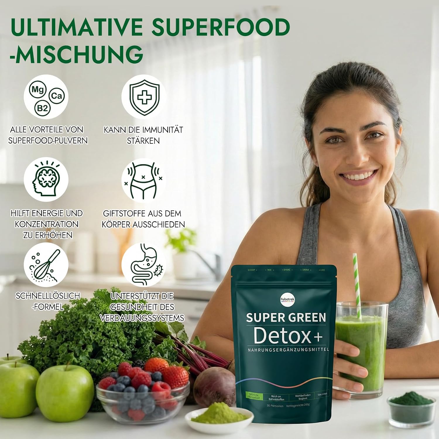 Detalle de Grünes Entgiftungspulver (200 g) mit Matcha, Gerstengras & Beeren – veganes Superfood-Pulver