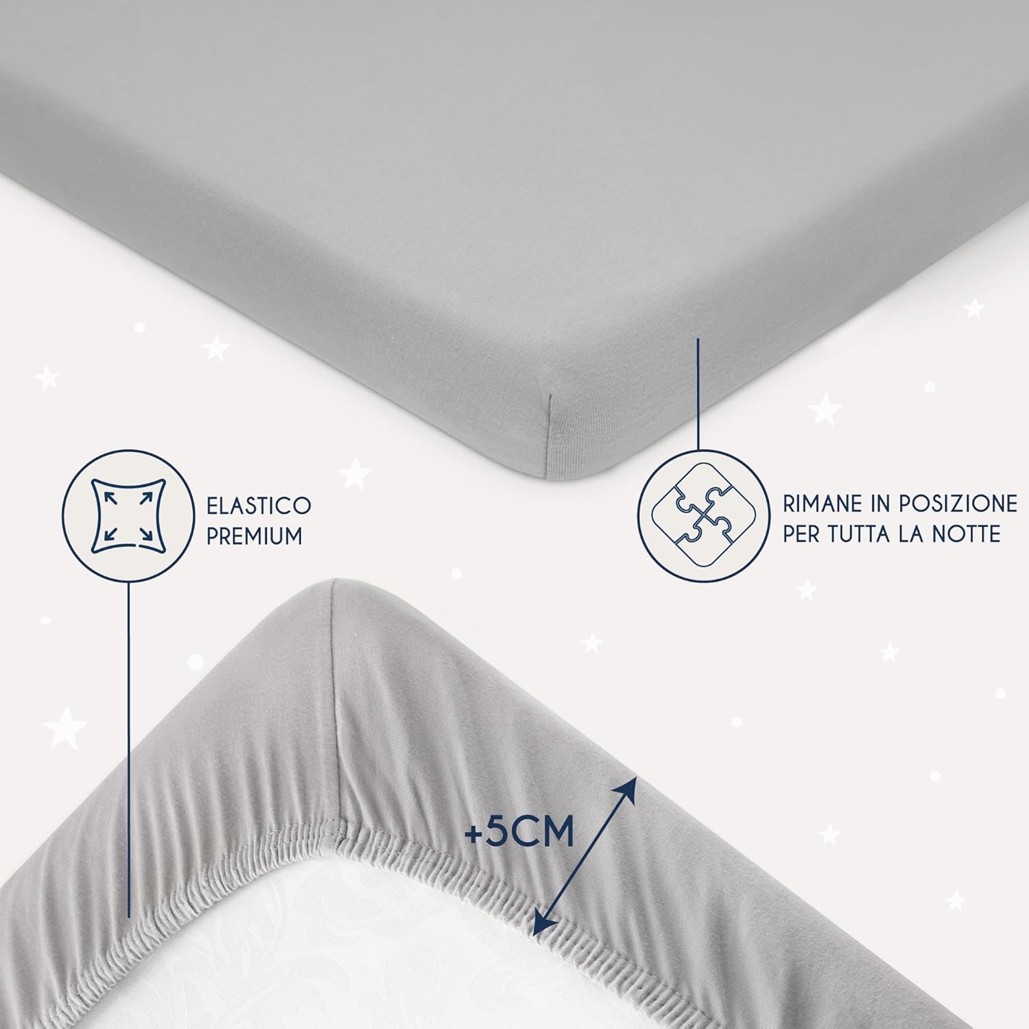 Detalle 2 de Dreamzie – Set 2 Lenzuoli con Angoli in cotone per lettino neonato 60x120/70x140, OEKO-TEX, grigio