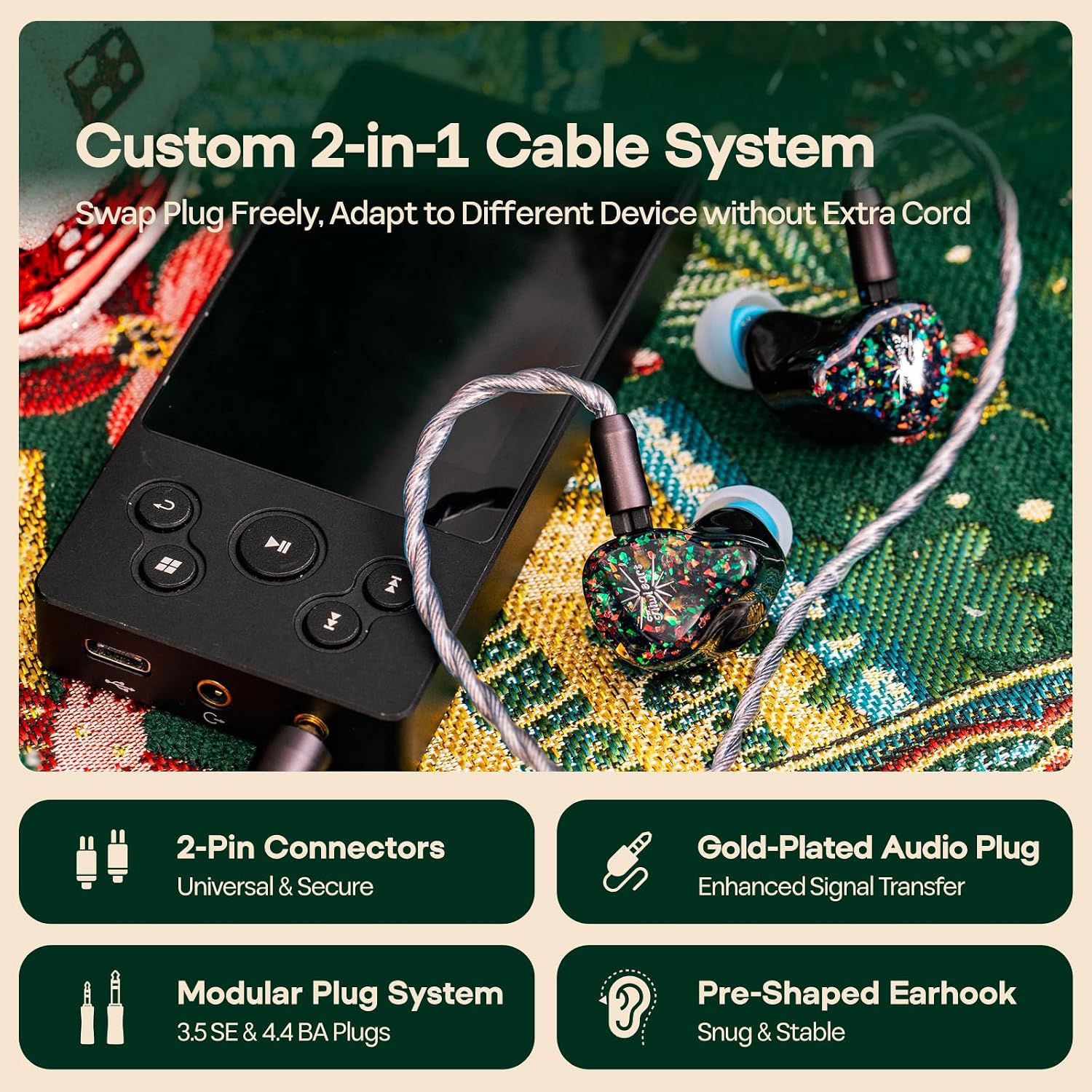Detalle de Linsoul Kiwi Ears Astral 1DD+6BA IEM ibridi In-Ear cablati (verde) per studio, ascolto HiFi e gaming