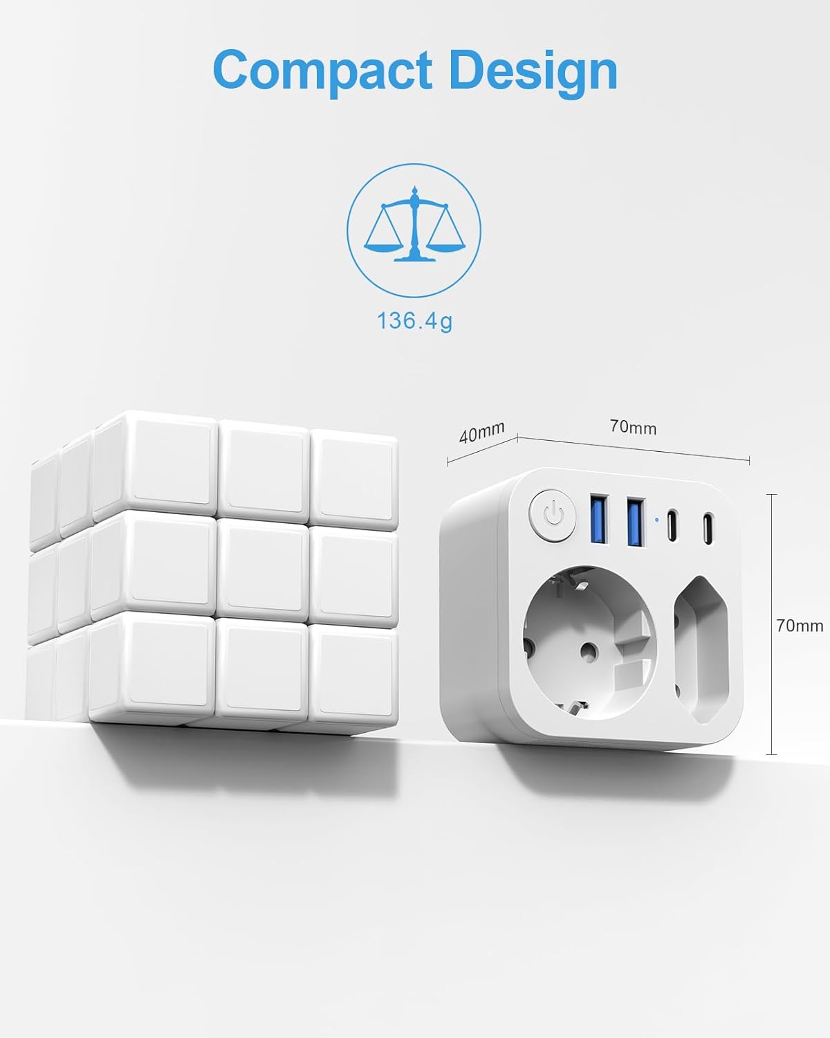 Detalle 2 de Deutschland Nach Italien Steckdose mit 4 USB (2 Typ-C) – 6-in-1 Reiseadapter für Italien und weitere Länder, Weiß