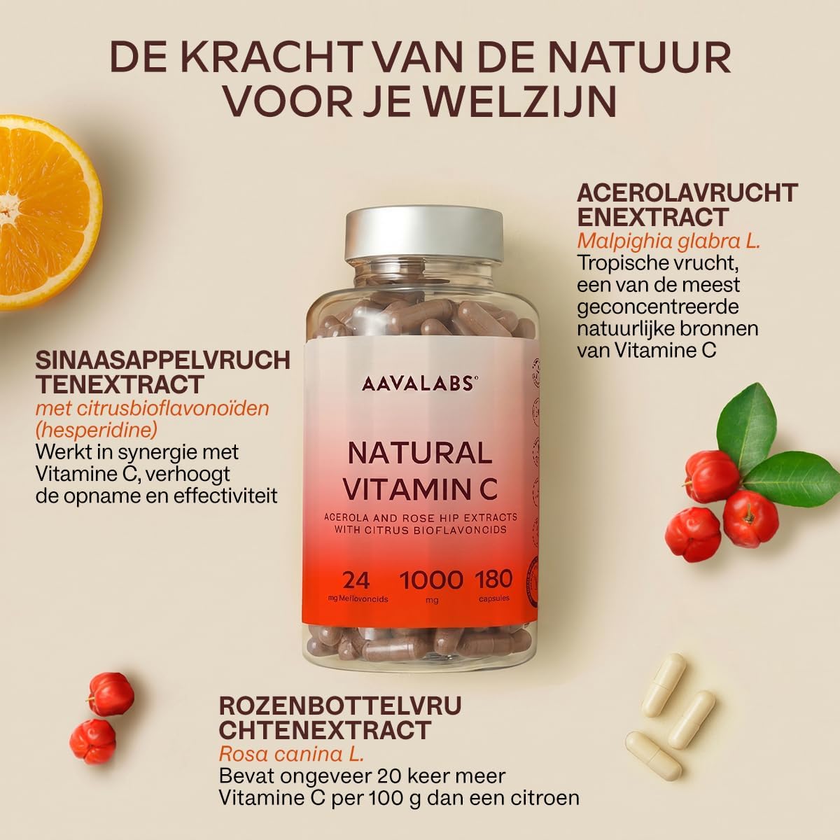 Detalle 2 de AAVALABS Natuurlijke Vitamine C, 180 capsules met rozenbottel en acerola