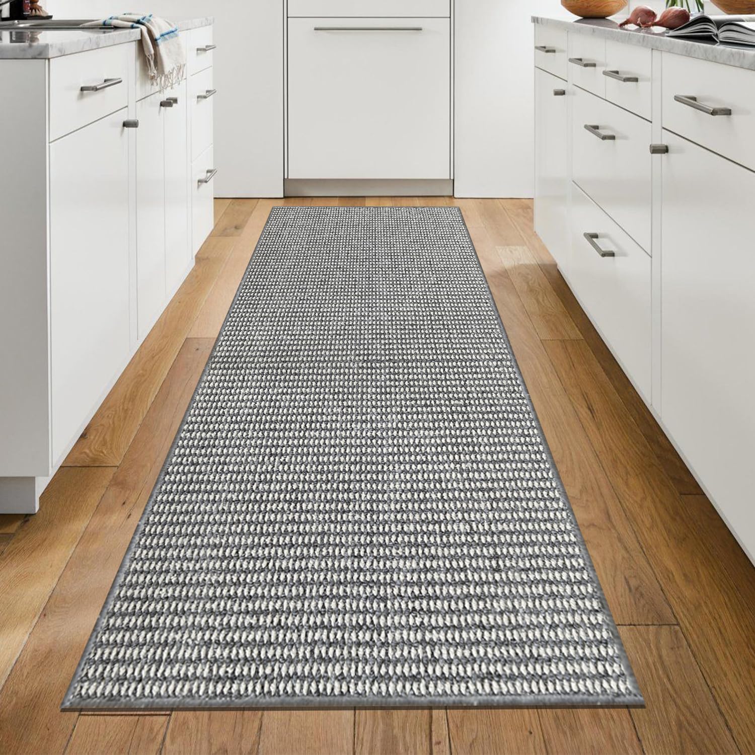 Detalle de WTHYGB Teppich Läufer 80x150 cm Grauweiß – rutschfest, waschbar, geeignet für Flur und Küche