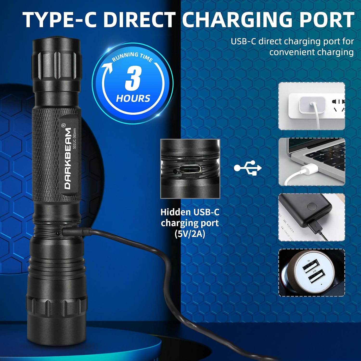 Thumbnail 3 de DARKBEAM UV Flashlight 395 nm – Compact 10W Blacklight with USB-C Rechargeable Power